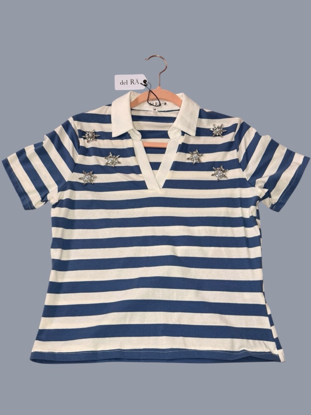 Del Rā Embellished Striped Polo Top Blue White Size M